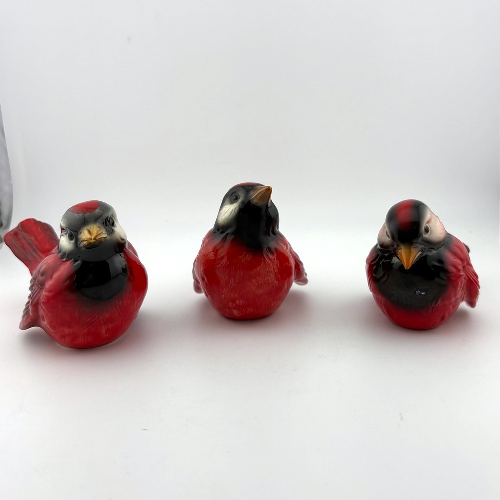 Vintage Goebel Red Cardinal Bird Ceramic Figurines Set of 3 Glossy Glaze Decor